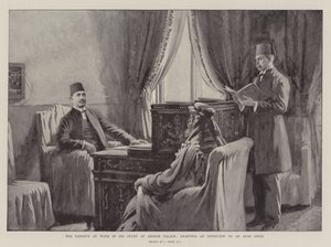 De Khedive aan het Werk in zijn Studeerkamer in het Abdeen Paleis, een Interview gevend aan een Arabische Sjeik